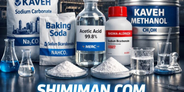 تصویر صنعتی مواد شیمیایی شامل متانول، کربنات سدیم، بی‌کربنات سدیم، جوش شیرین و اسید استیک به‌همراه برندهای معتبر Merck و Sigma-Aldrich